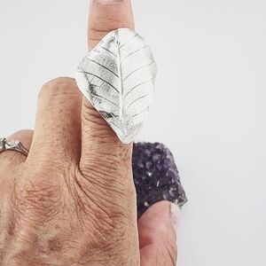 EMBOSSE PRESS REAL LEAF RING HANDMADE  STERLING SILVER METAL SIZE 6.5